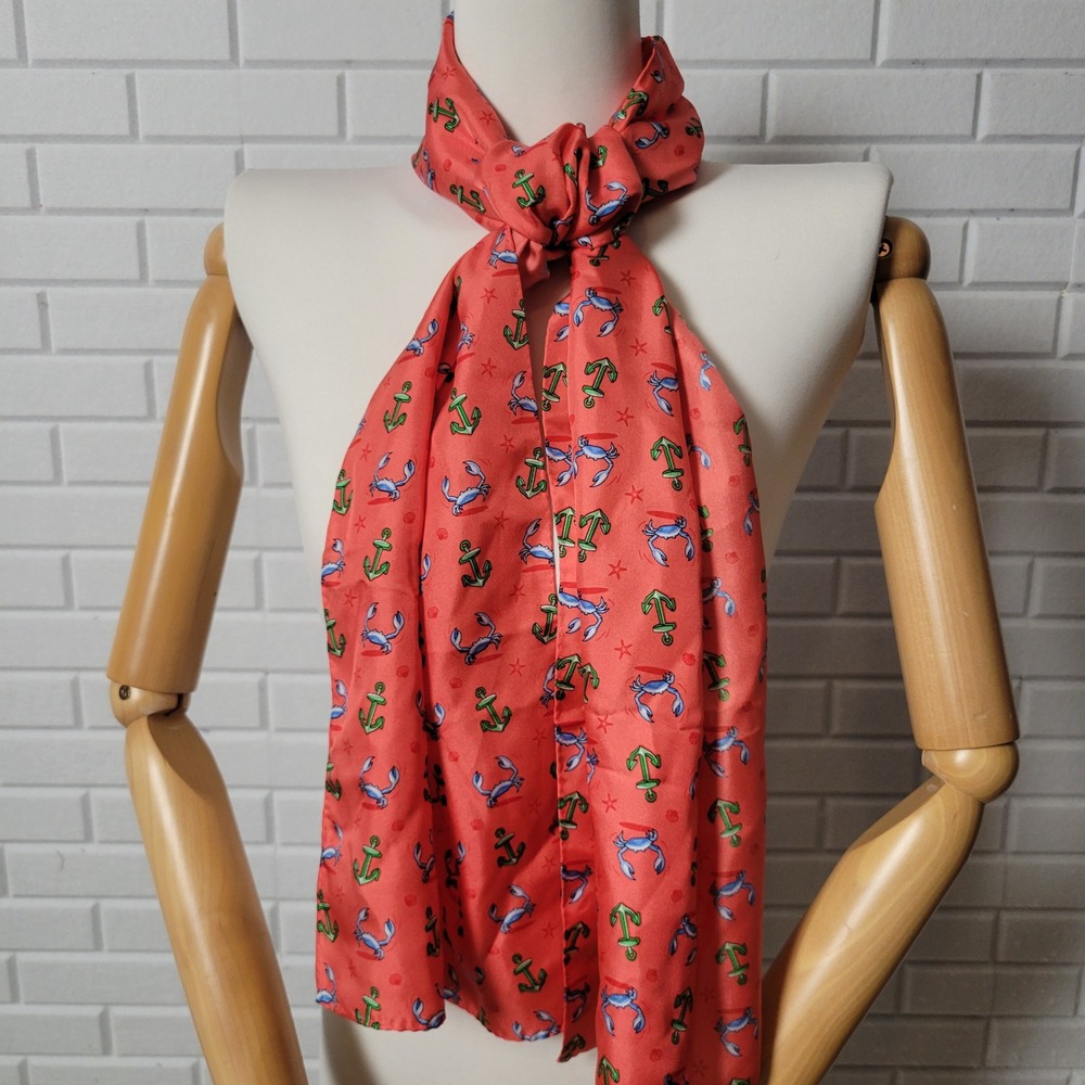 Vintage 90s Silk Twill Nautical Scarf Coral Pink Crab Anchor Novelty Print - Picture 3 of 8